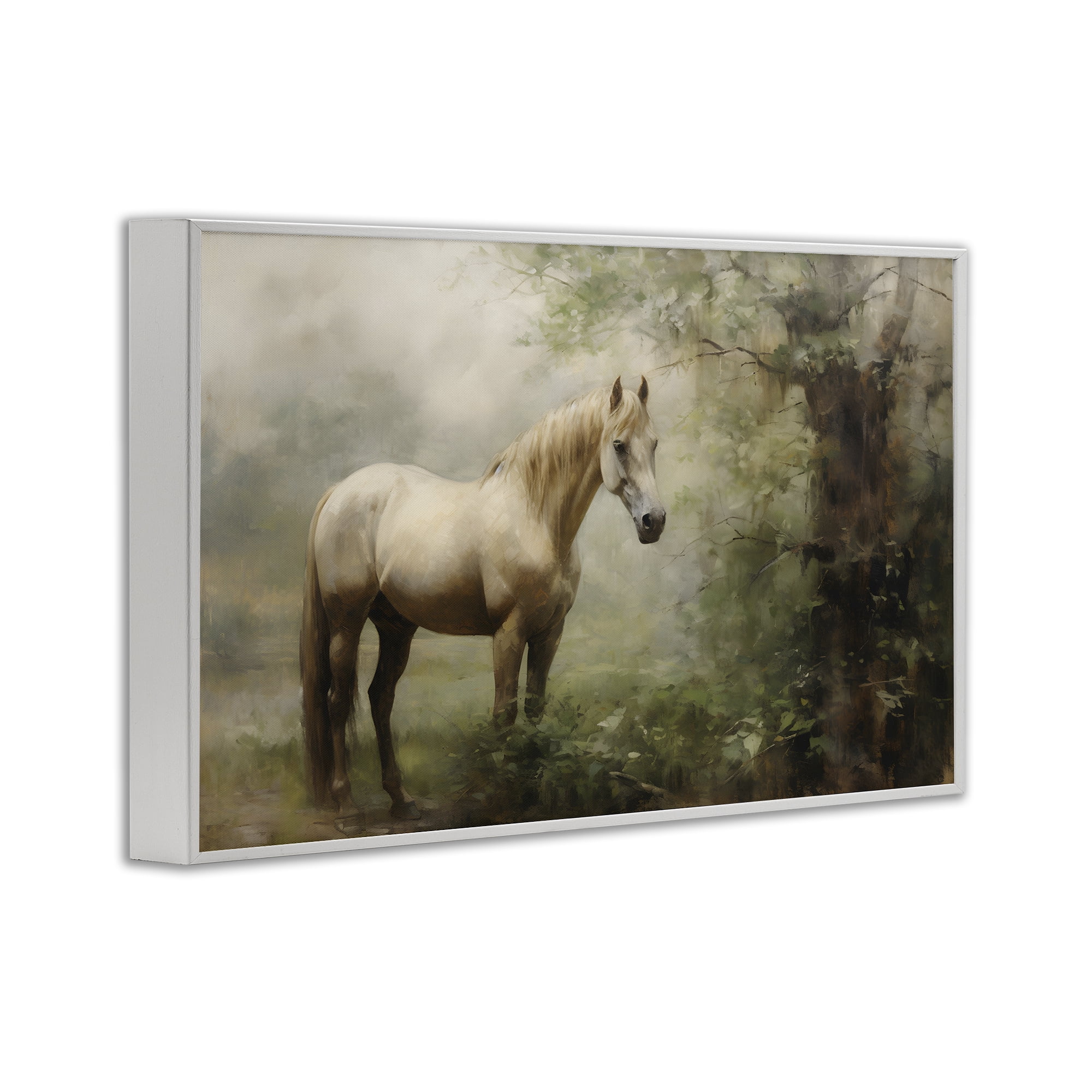 Stupell Industries Horse in Forest Woods Landscape Painting White Framed Art Print Wall Art, 24 x 16
