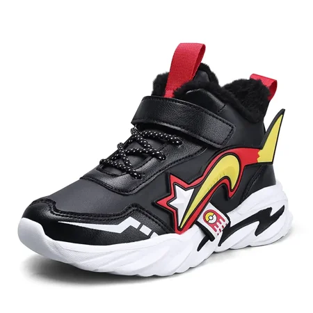 

GEDER-SA Boys Casual Sneakers High Top Fleece Thermal Color Block Lace-up Hook And Loop Fastener Running Shoes For Winter Outdoor