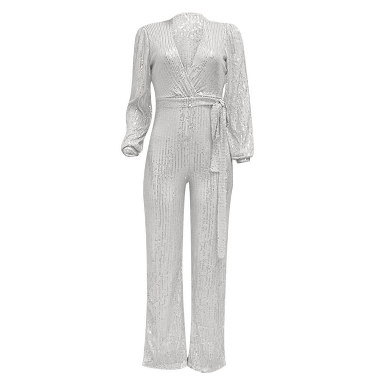 Miluxas Women's Casual V-neck Sparkling Jumpsuit Long Sleeve Loose