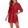 thumbnail image 2 of FIOPHY Women's Button Down Shirt Dress with Pockets Oversize Collared Long Sleeve High Low Tunic Dresses Blouse, Red, L, 2 of 5
