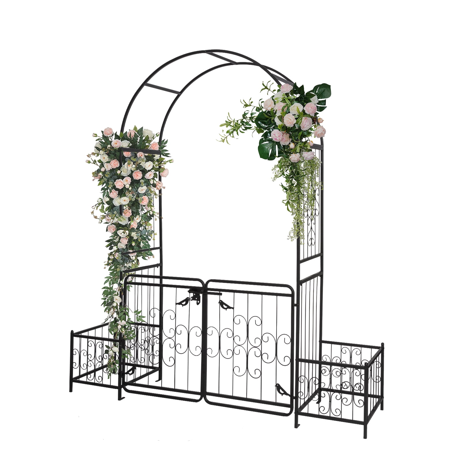 Iron Art Garden Arch Trellis, Arc Top Arch with Door & Planting Frame, Powder Coated Rustproof Free-standing Trellis for Climbing Flowers Vines Roses
