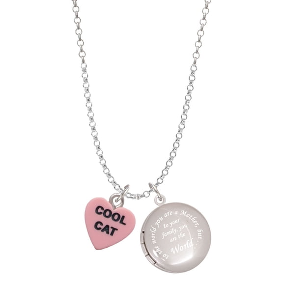 Delight Jewelry Acrylic Pink "Cool Cat / Purr Fect" Heart To the World You are a Mother Locket Necklace