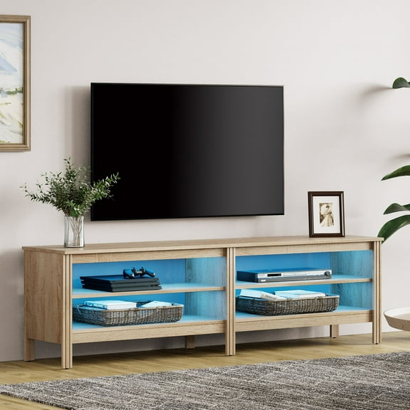 Fitueyes Mid-century Modern TV Stand for 75" TV, Oak Media Console with Open Shelves and LED Light for Living Room, 70 Inch