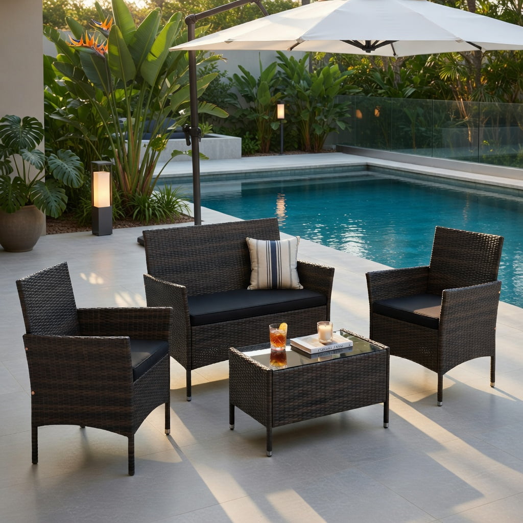 Hommoo 4-Piece Outdoor Rattan Patio Conversation Set with Plush Cushions, Loveseat, 2 Chairs & Tempered Glass Coffee Table, Black