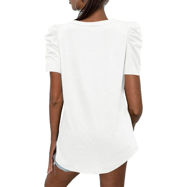 Camisa de manga abullonada, blusa de manga corta con escote en V y manga corta para mujer, color liso, precio inmejorable