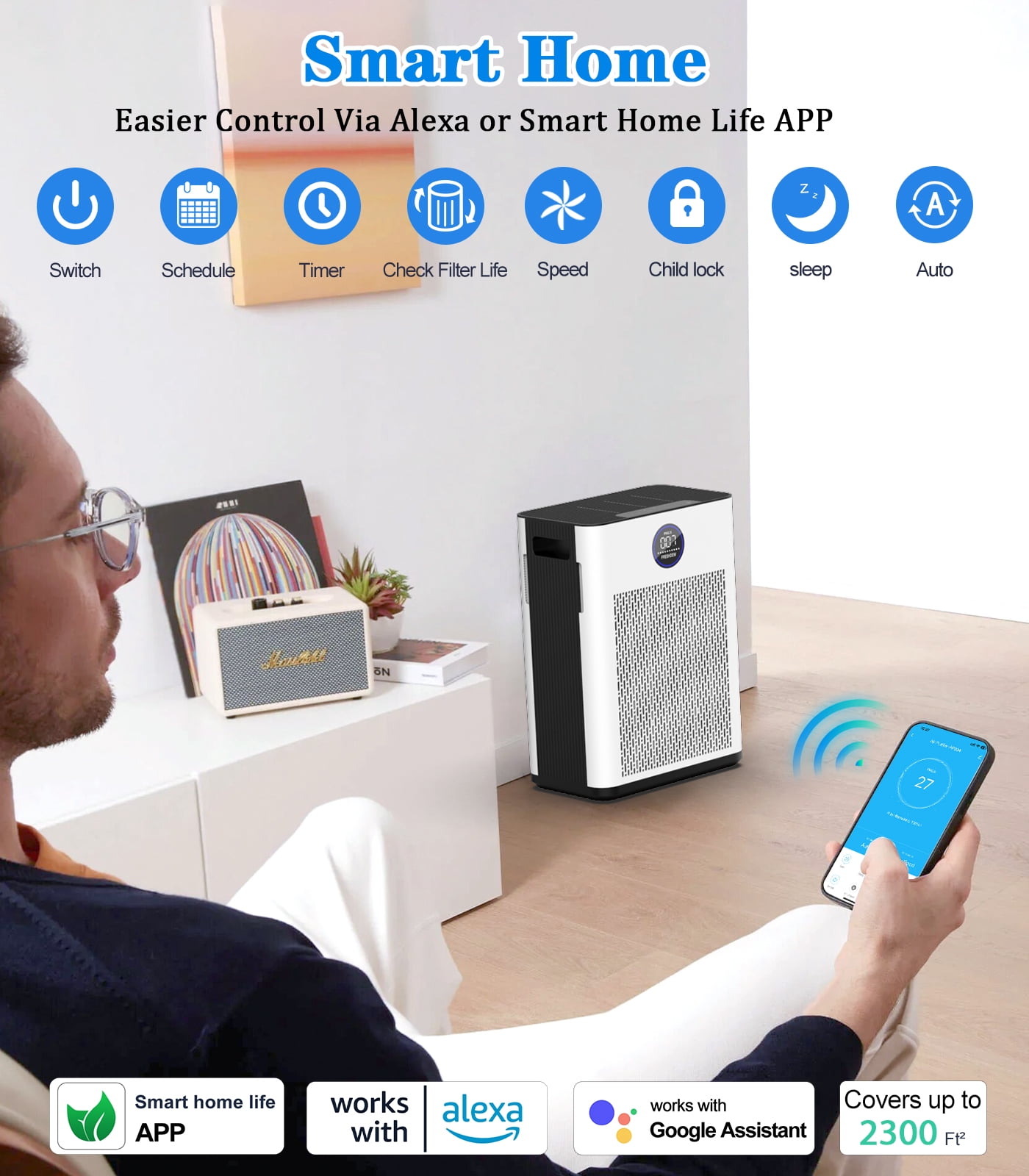 Air Purifier, FRESHDEW Air Purifiers for Home with H14 HEPA and Activated Carbon Filter, Removes 99.99% of Dust,Odors,Smoke,and Pet Hair Covers up to 2300 Sq.Ft, Quiet and Energy Efficient