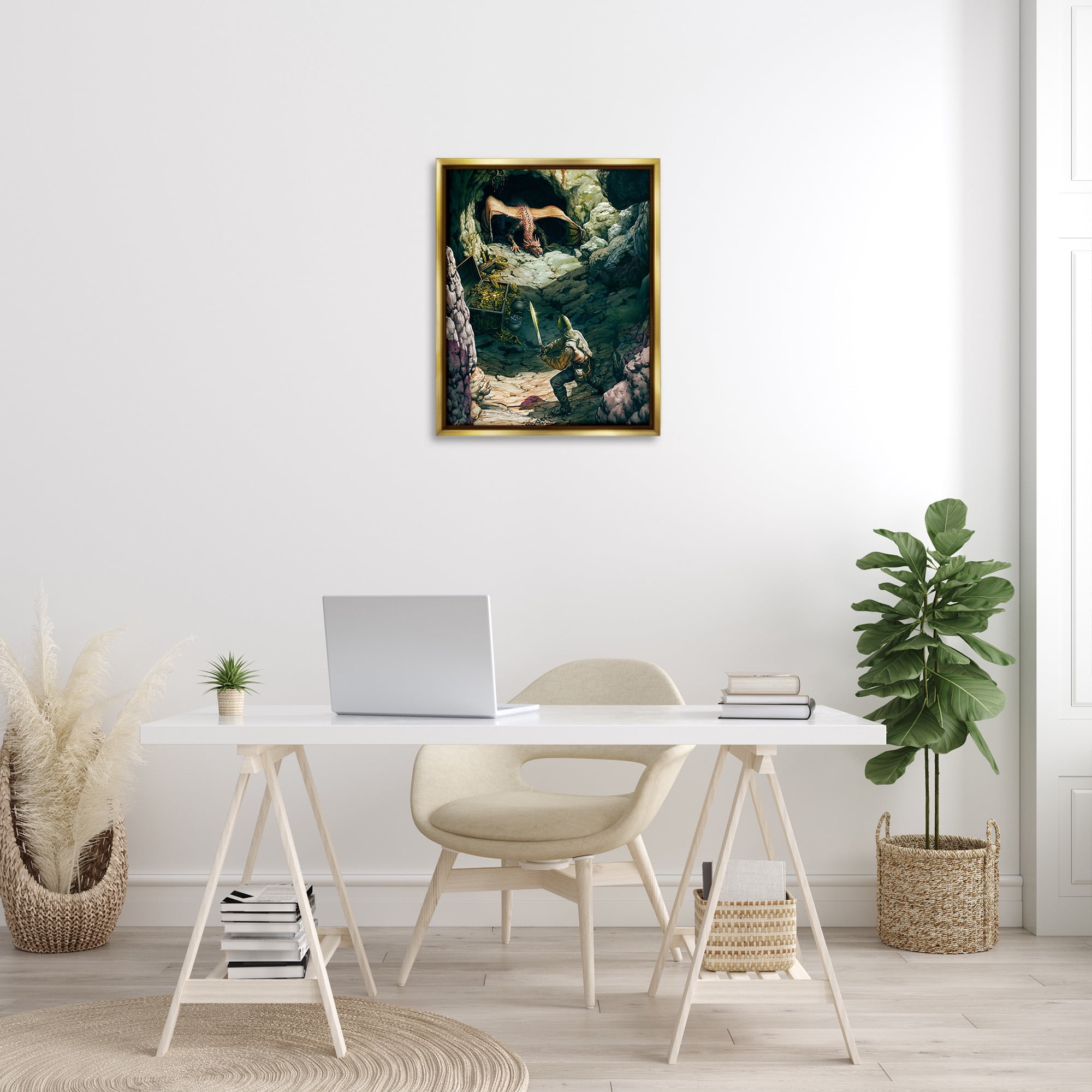 Stupell Industries Dragon & Knight Battle Fairy Tales & Fantasy Painting Gold Floater Framed Canvas Art Print Wall Art, 25 x 31