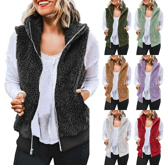 Qetyuw Womens Fuzzy Fleece Vest Sleeveless Full Zip Up Vests Sherpa Stand Collar Winter Casual Jackets