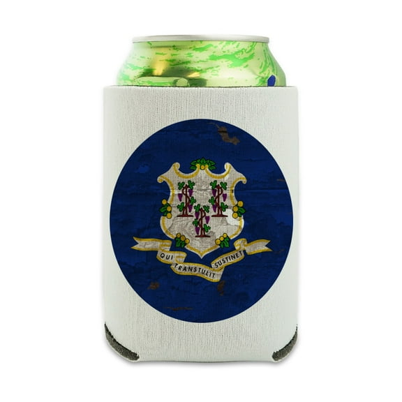 Rustic Connecticut State Flag Distressed USA Can Cooler - Drink Sleeve Hugger Collapsible Insulator - Beverage Insulated Holder