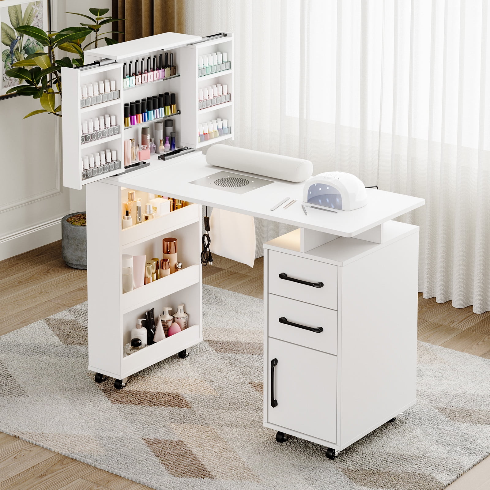 Advwin Professional Manicure Table with Extendable Nail Polish Cabinet, Dust Collector, LED Light & Wrist Rest, Rolling Nail Desk for Nail Tech, Beauty Nail Station for Home & Salon, White