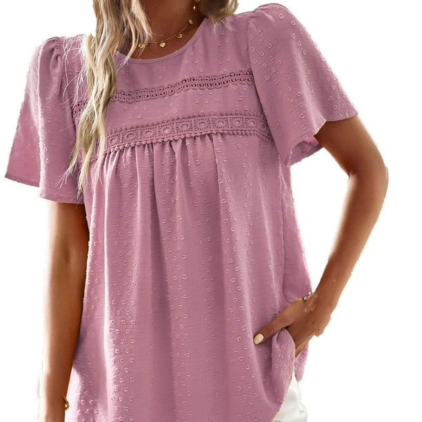 Camiseta de mujer de moda de manga corta de color sólido con retazos de cuello redondo OAVQHLG3B Store lin121212