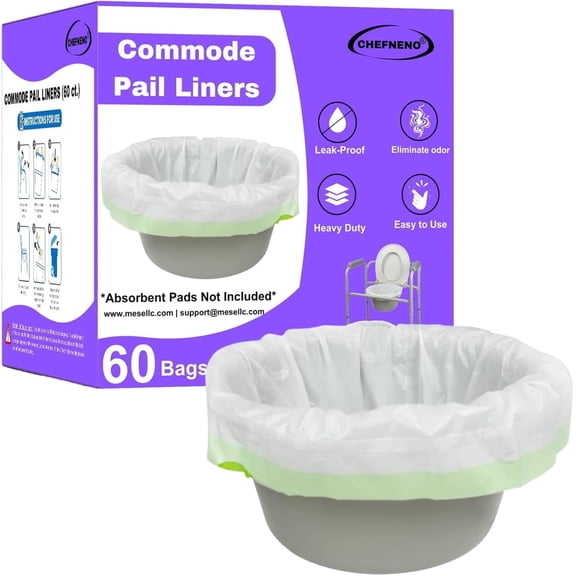 Commode Liners for Bedside Portable Toilet Chair Bucket (60 Bags) Disposable Waste Bags for Adults Universal Fit Leak Proof Odorless Portable Toilet Bags (60 Count)