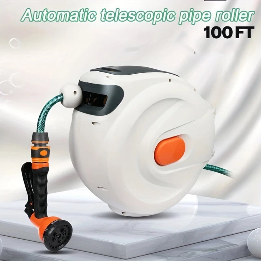 iMeshbean 100' x 5/8" Retractable Hose Reel Auto Water Hose Reel 180° Swivel Wall-Mounted