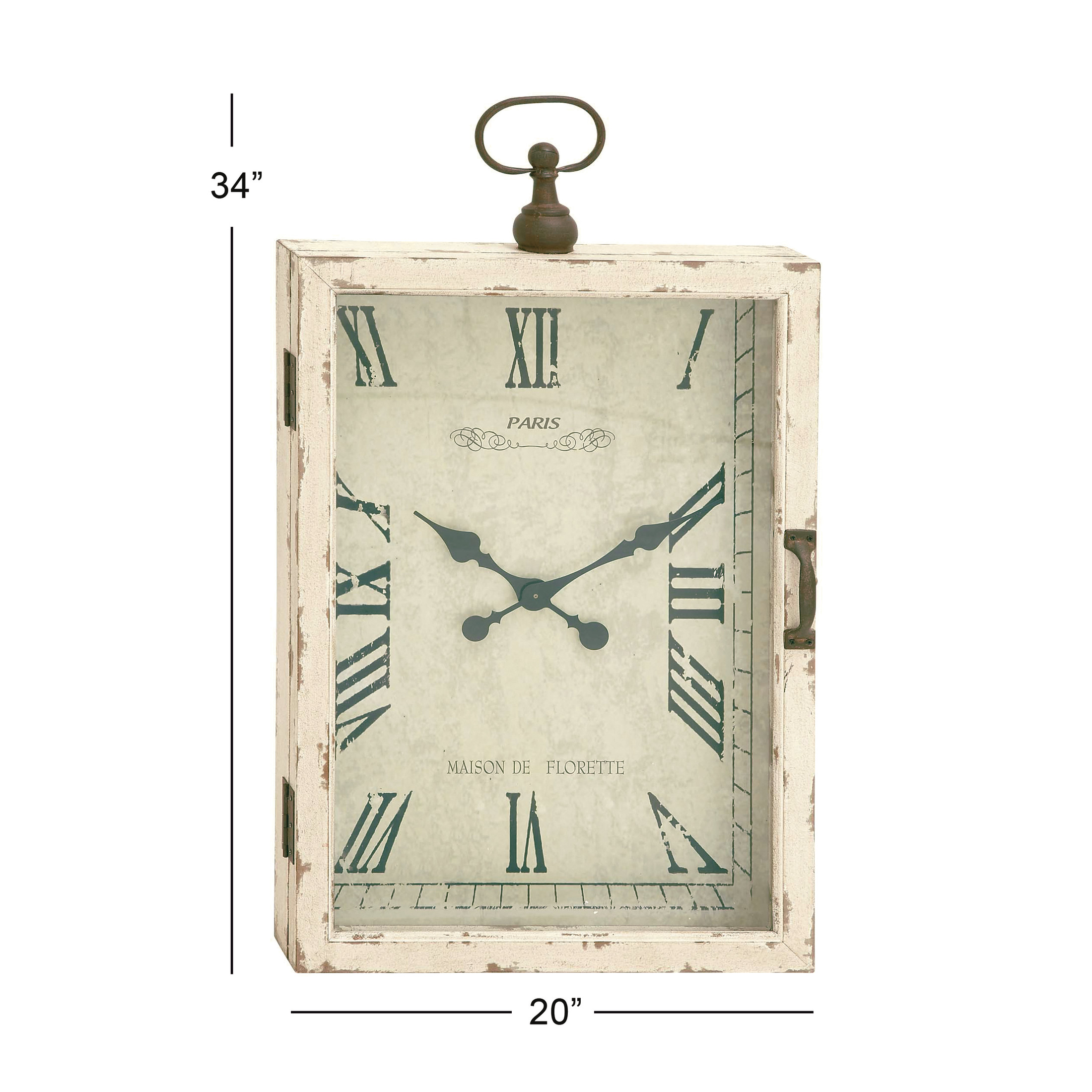 DecMode 20" x 34" White Wooden Finial Pocket Watch Style Wall Clock with Hinged Door