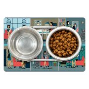 Hair Salon Pet Mat for Food and Water, Retro Cartoon Illustration of Day in Hairdressernd Beauty Salonctivities, Non-Slip Rubber Mat for Dogs and Cats, 18" X 12", by Ambesonne