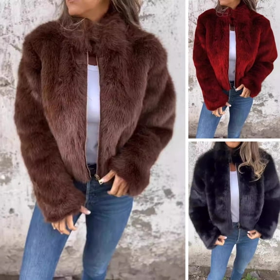 Women's Winter Jacket - Thick Faux Fur, High Collar, Solid Color, Luxury Style, Heat Retention Coat