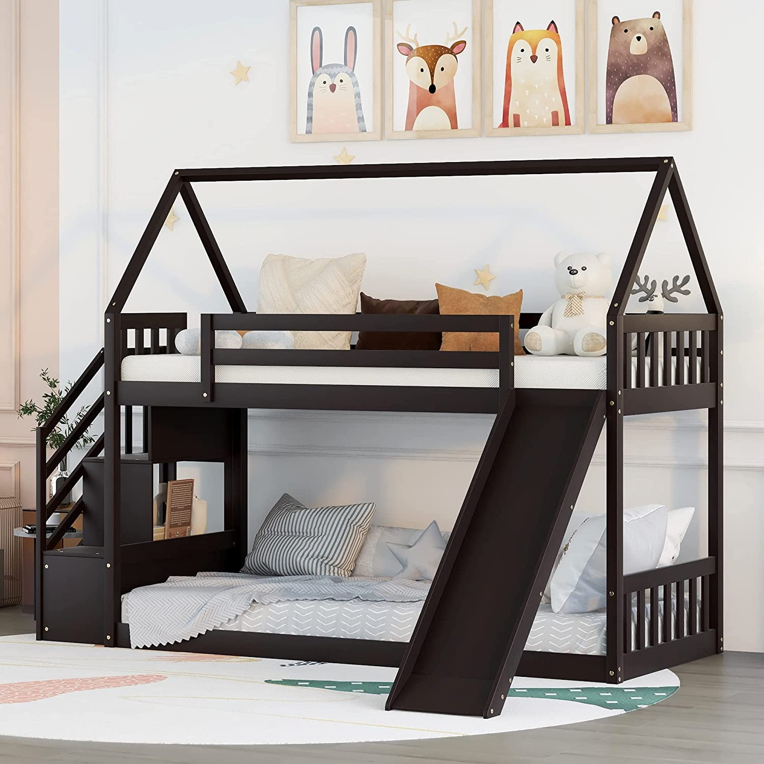 Bellemave Low Bunk Bed with Slide and Stairs, Wood Twin Over Twin House