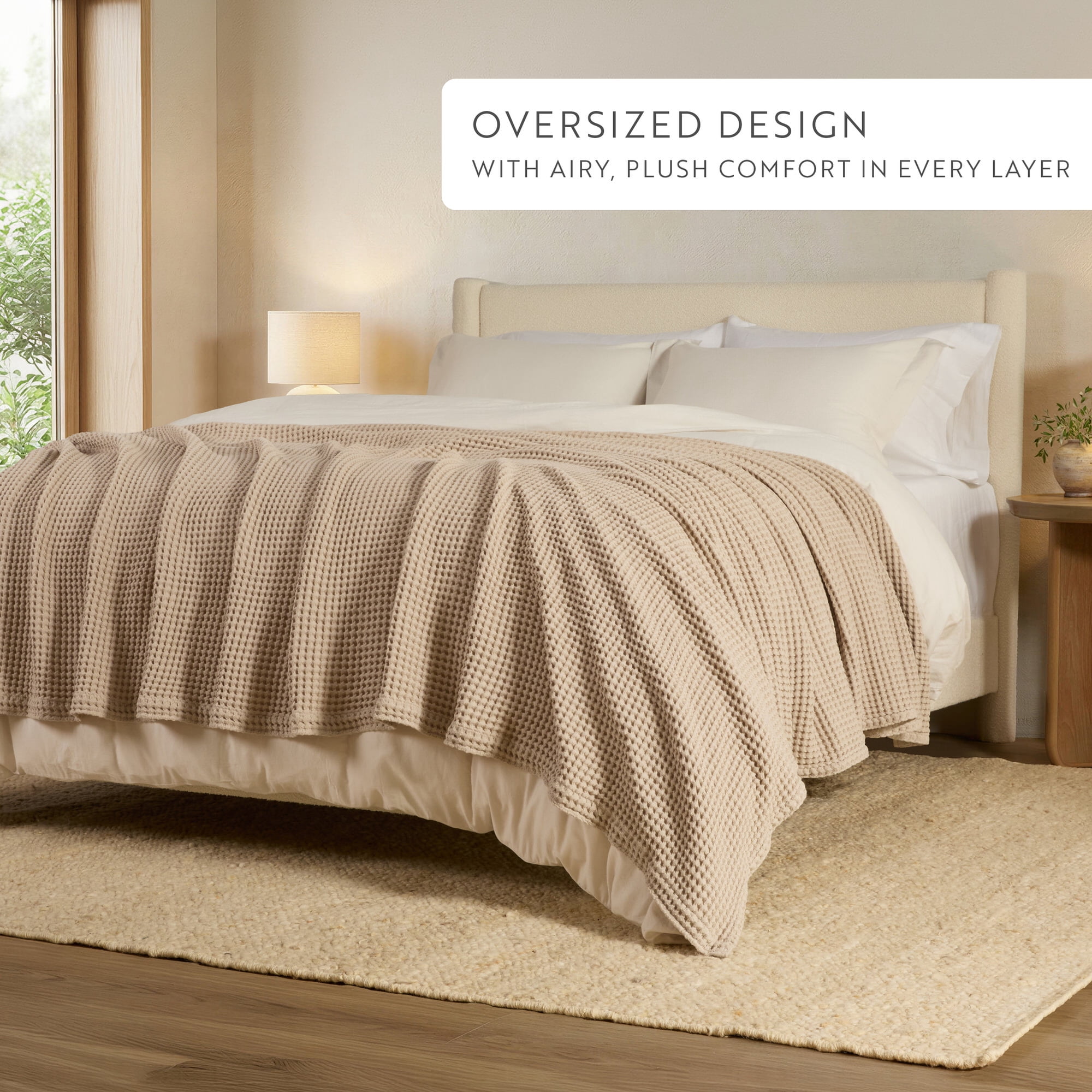 Noble Linens 100% Cotton Waffle Texture Bed Blanket, Tan, Full/Queen