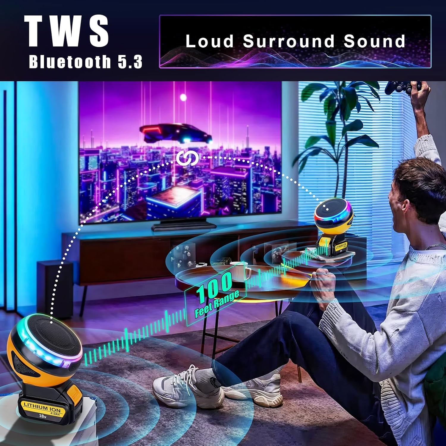Bluetooth Speakers for Dewalt 20V Makita Milwaukee Bosch Ryobi Craftsman 18V Battery,Portable Speaker Wireless with HD Sound Pairing,Dynamic RGB Color for Jobsites,Outdoor,Home Party,Camping