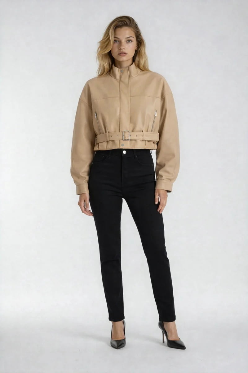 Forever 21 Faux Leather Belted Cropped Jacket, Color-Cream, Size-S
