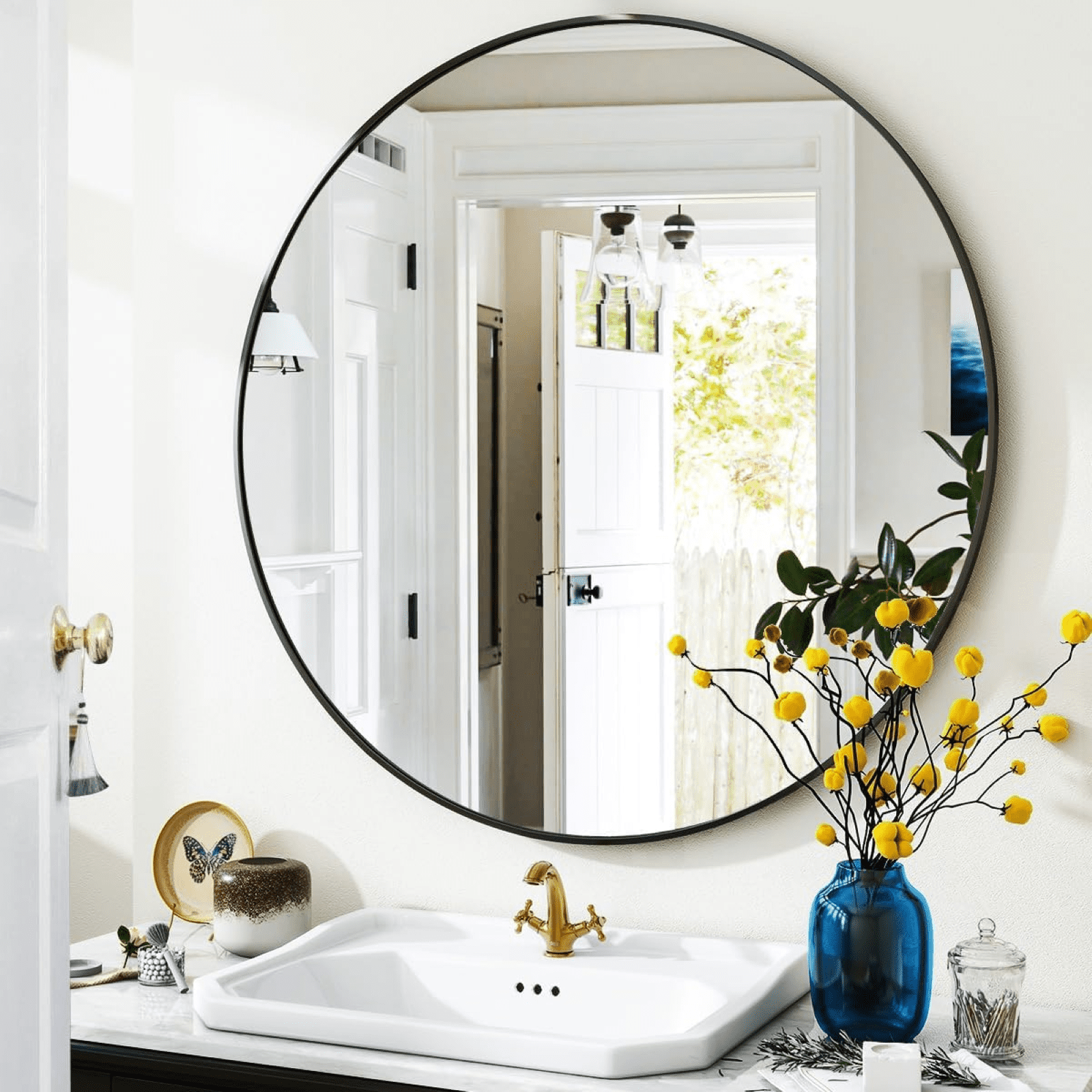 AUROMIR 36" Round Wall Mirror Bathroom Vanity Mirror Aluminum Alloy Frame,Black