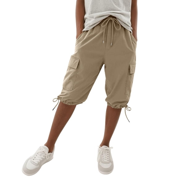 Nhthy Women's Casual Loose Solid Capri Pants, Elastic Waist Pocket Design, Relaxed Fit 7/8 Cropped Trousers for Daily Outdoor Khaki XXL