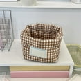 thumbnail image 5 of Soft Checkered Fabric Storage Basket - Padded Desktop Organizer for Cosmetics/Jewelry/Ends, Decorative Miscellaneous Bin with Reinforced Handles - Ideal for Bedroom/Bathroom/Vanity, 5*4in, Brown, 5 of 8
