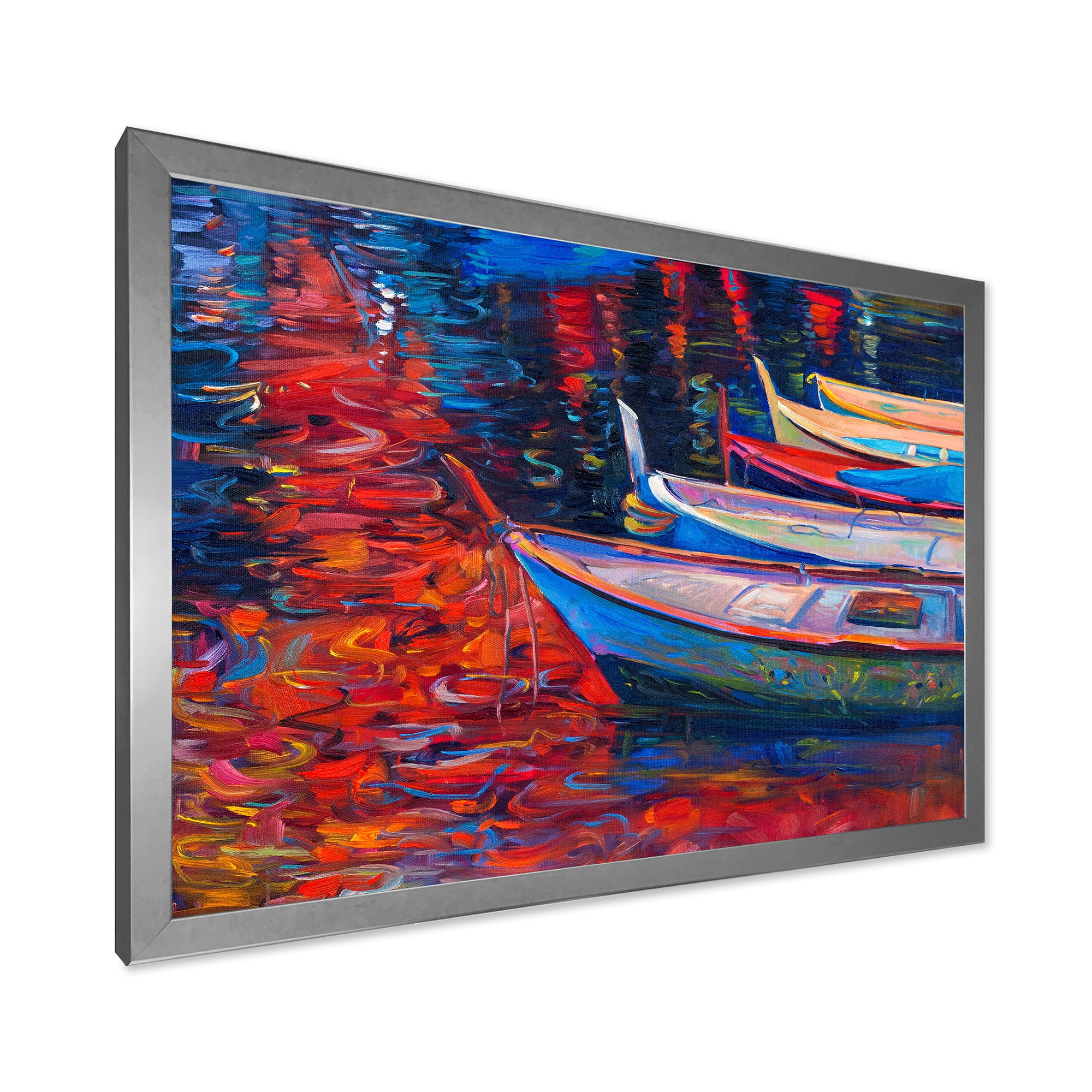 Boats During Warm Sunset Resting On The Water IX 20 in x 12 in Framed Painting Canvas Art Print, by Designart
