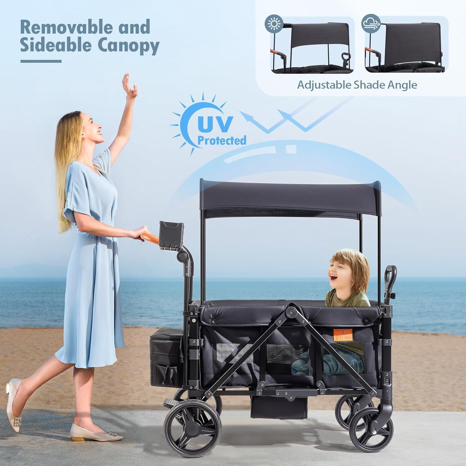 UBesGoo Wagon Stroller for 2 Kids, Low Seat & Deep Footwell, Foldable All-Terrain Wagon with Canopy, Adjustable Handlebar, Cup and Phone Holder, Black