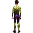 thumbnail image 4 of Guvpev Halloween Superhero Cosplay Costume, Green Muscle 3D Print Spandex Bodysuit Jumpsuit, Full Body Dress-Up Outfit with Purple Shorts Printed for Halloween Party & Stage Performance, 4 of 10