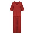 thumbnail image 5 of BLTIBY 2025 Cotton Linen 2 Piece Sets for Women Summer Solid Color Loose Short Sleeve V Neck Shirts Wide Leg Pant Matching Set Plus Size Vacation Outfits with Belt Red M, 5 of 6