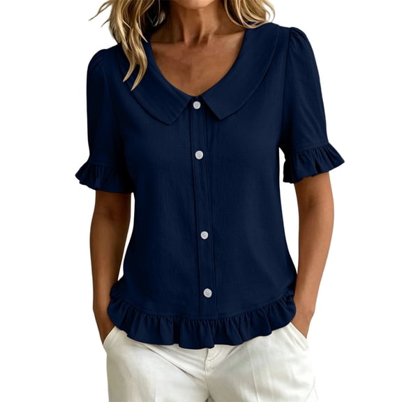 hoksml Women's Peter Pan Collar Blouse, Ruffle Short Sleeve V Neck Top, Casual Pull-On Shirt for Daily and Summer Wear