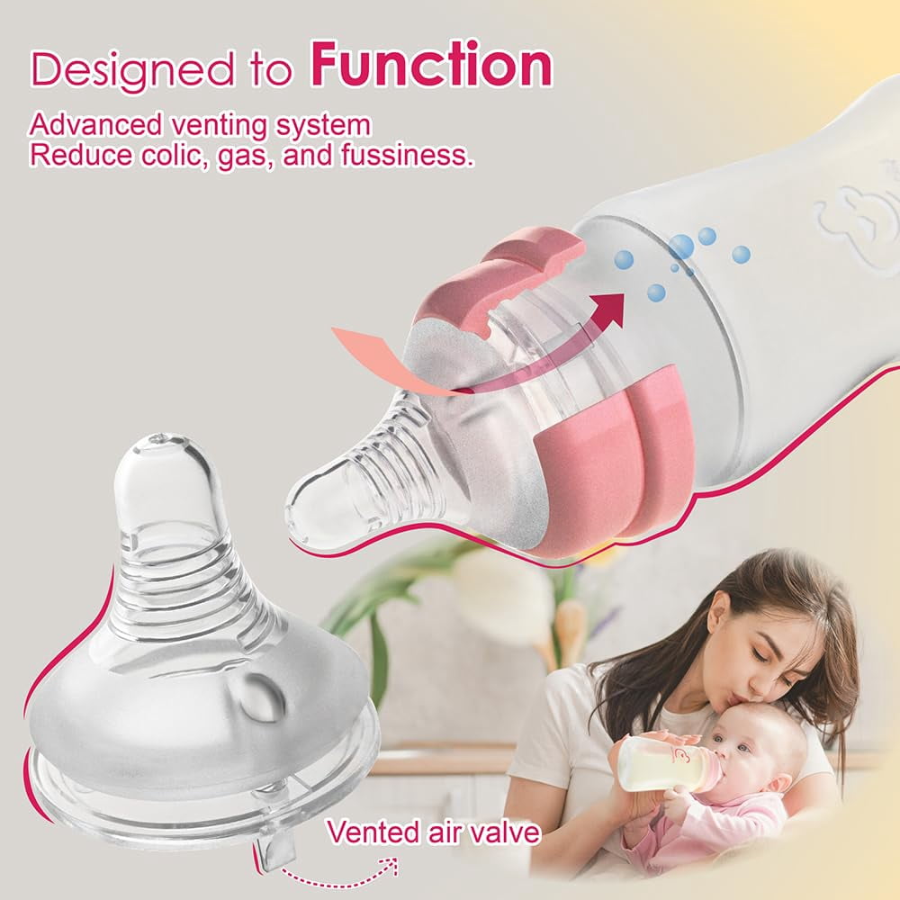 Nenesupply Silicone Baby Bottles Newborn Feeding Bottles 1-3 Months Slow Flow Breastfeeding Bottle for Breastfed Babies Wide Neck 8oz Anti Colic Level 2 Nipple for 1+ Month Infant W with Spectra Part