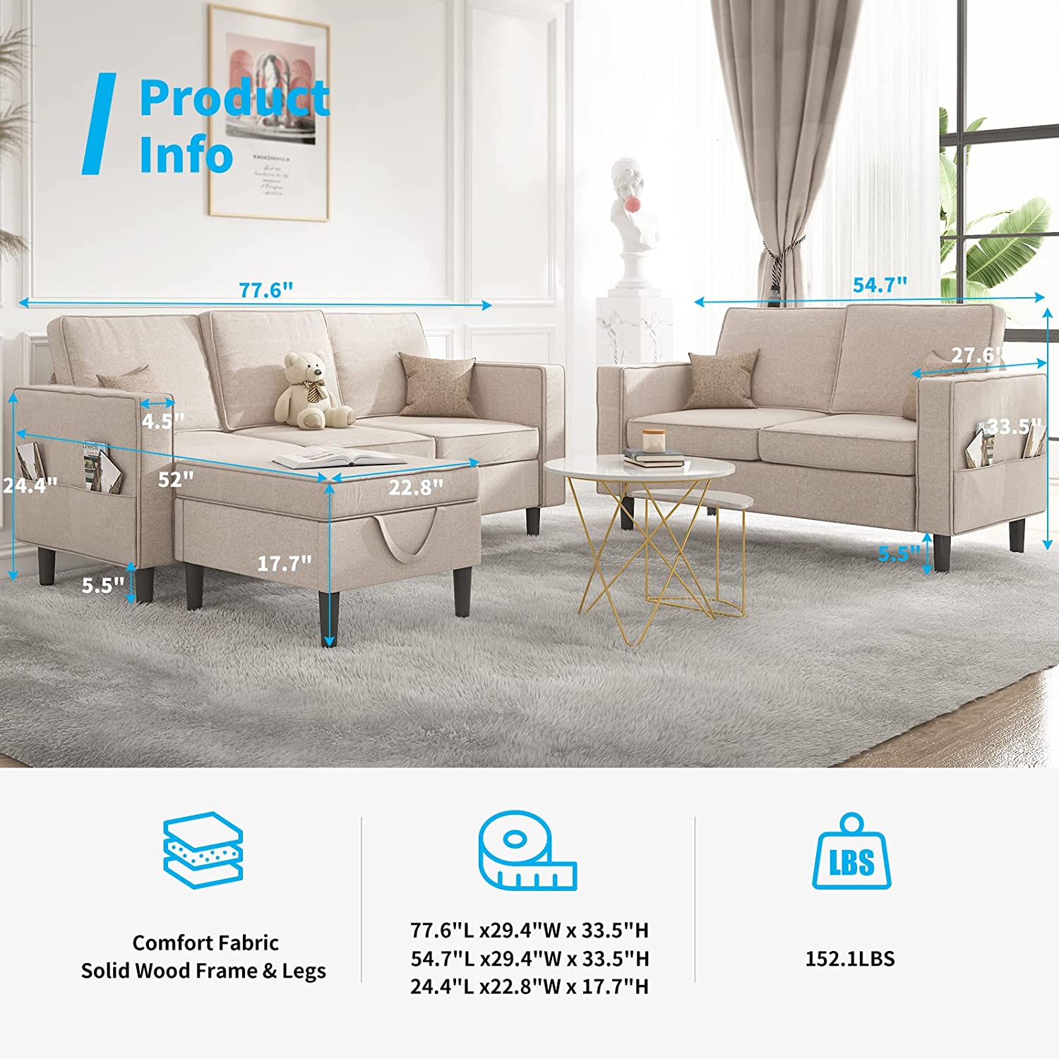 Mjkone 2 Pieces Living Room Furniture Sets, Sectional Sofas and Couches Set with Storage Ottoman for Living Room, 3-Seater + Loveseat + Ottoman,Beige