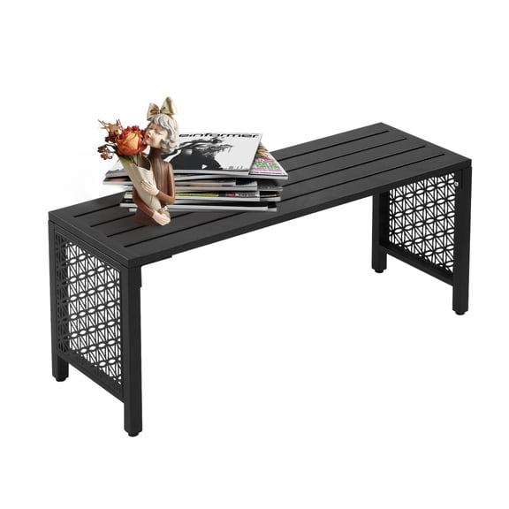 40 Inch Outdoor Metal Backless Bench, All Weather Patio Seat with Slatted Seat & Floral Side Panels, Rust Resistant Weatherproof Garden Bench for Porch, Entryway & Backyard, Black