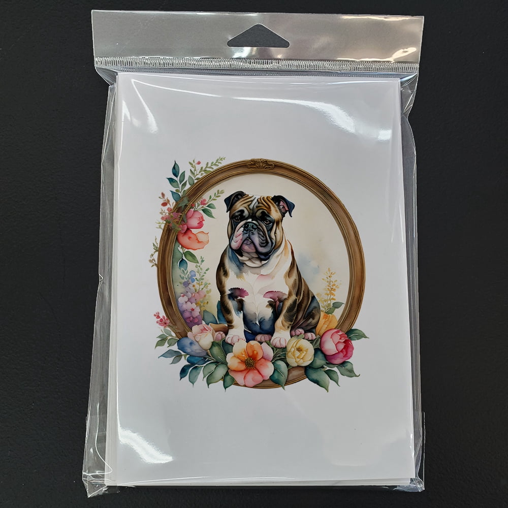English Bulldog and Flowers Greeting Cards and Envelopes Pack of 8 7 in x 5 in