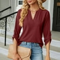 thumbnail image 4 of MIXUE Womens Summer Tops Summer Solid Color V Neck 3/4 Sleeve Loose Casual T Shirts Daily-Wear,Red,S, 4 of 8