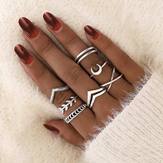 Juego de anillos de nudillo de plata boho apilables anillos de dedo medio para mujer (7 piezas)