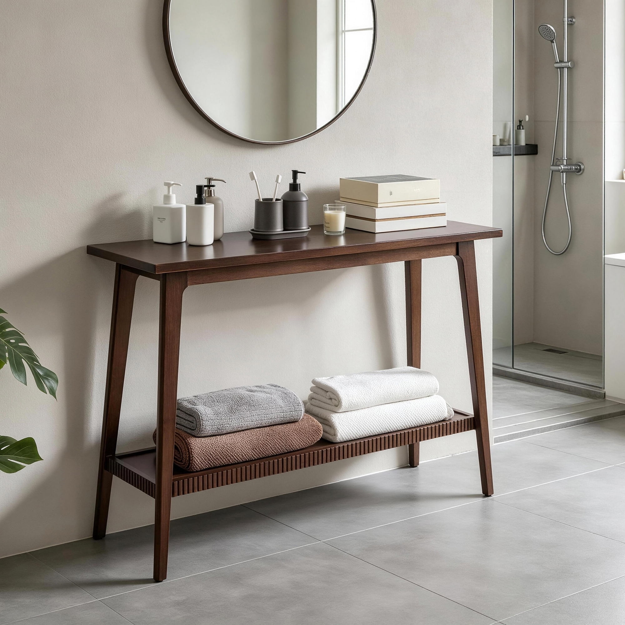 GARITIN Solid Wood Console Table, 2-Tier Entryway Sofa Table, Narrow Long Hallway Accent Table with Storage Shelf, Sofa Side Table for Living Room Foyer, Walnut