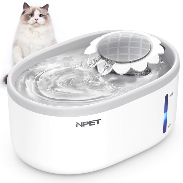Fuente de agua NPET Cat White Grey de 2 litros con nivel de agua visible