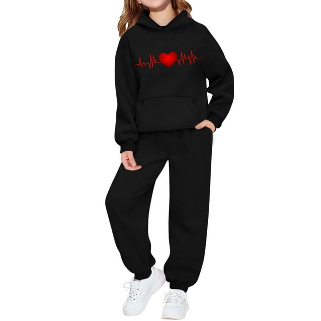 Conjunto de sudadera con capucha de manga larga para niños con estampado en forma de corazón y pantalones deportivos con lazo en las piernas, conjunto deportivo informal de dos piezas para niños, poli