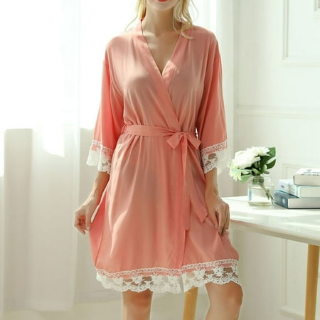 

SELONE Womens Robe Kimono Medium Length Bridesmaid Robes Surplice Neck Sleepwear 3/4 Sleeve Above the Knee Nightwear Solid Loungewear Homewear