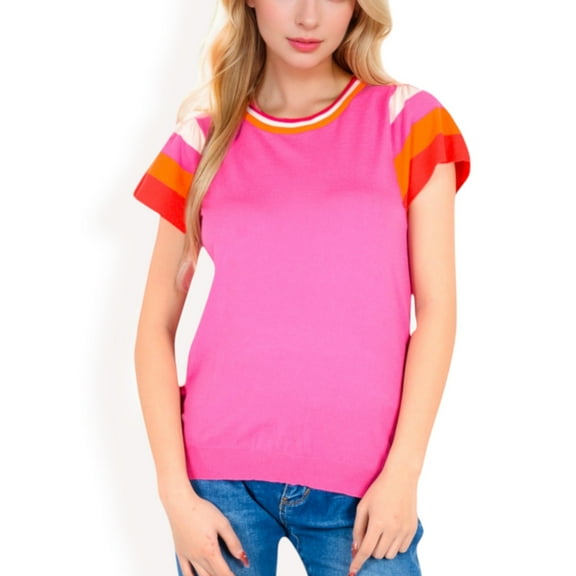 Women's Colorblock Knit Short Sleeve Top with Bold Striped Sleeves- Fuchsia,Large