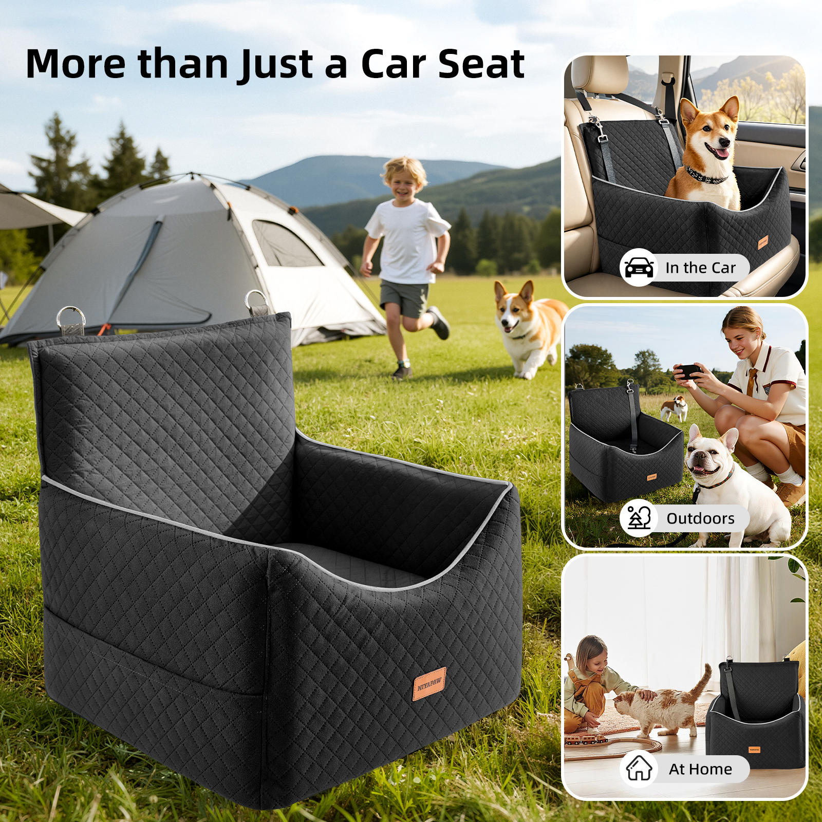 NIYAPAW Elevated Dog Car Seat for Small/Medium Dogs up to 35 lbs,Memory Foam Pet Booster Seat with dog car bed, Safety Pet Seat with Seatbelt Channel，Washable and Detachable (Black)