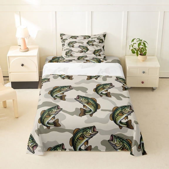 Feelyou Camo Largemouth Bass Fish Wildlife Twin Sheet Sets for Men Kids, Deep Ocean Bedding, Beige, 3 Pieces