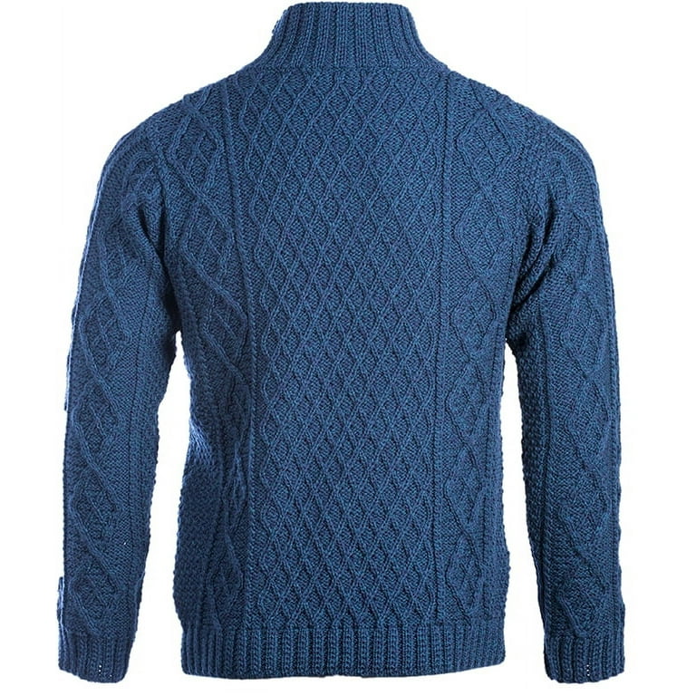 Aran Button Collar Irish Sweater 100% Merino Wool Men`s Cable