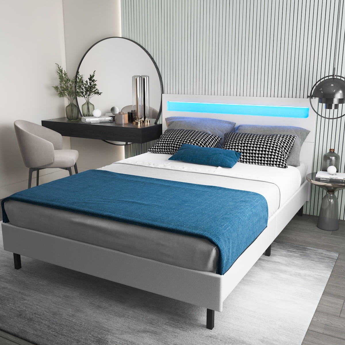 LXingStore Queen Size Bed Frame Bedroom Platform w/ LED Light Headboard