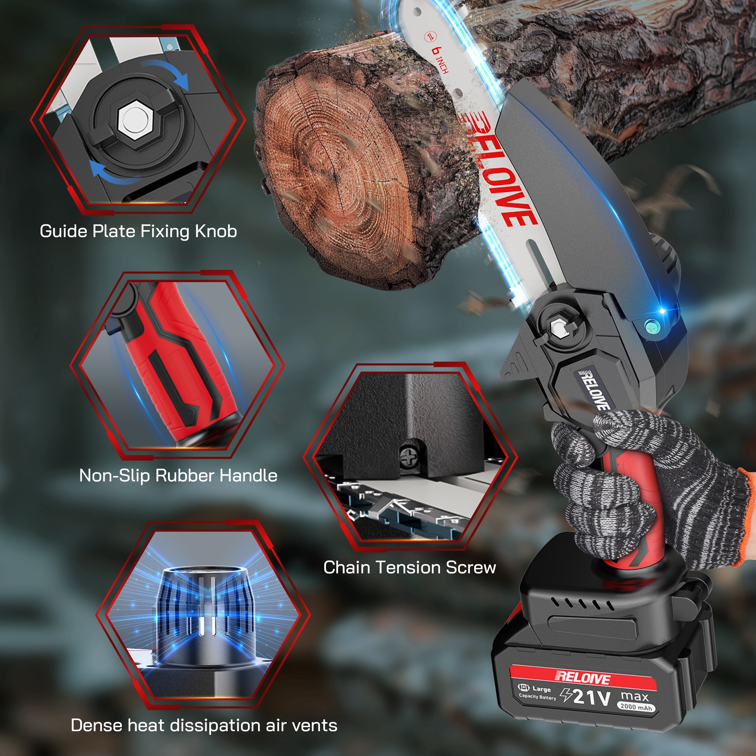 RELOIVE 6 in Mini Chainsaw with 2PCS 2.0 Ah Batteries 3 Chains,Cordless Small Handheld Chain Saw for Wood Cutting Tree Trimming