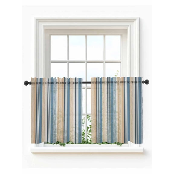Blue Brown Beige Tier Curtains 36 Inch Length,Sheer Curtains for Bedroom Living Room Window Boho Farmhouse Abstract Stripes Art Rod Pocket Drapes Kitchen Curtains Small Half Window 27.5"x36" 2 Panels