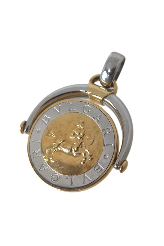 Pre-Owned BVLGARI 18K Stainless Steel Sagittarius Horoscope Pendant, and Gold (750 Stamped),...